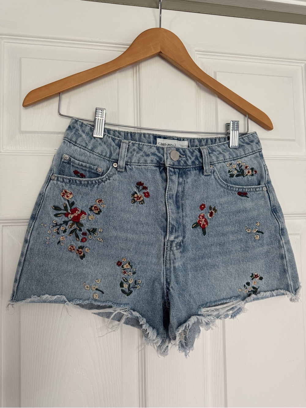 Embroidered Floral Light Wash Denim Shorts